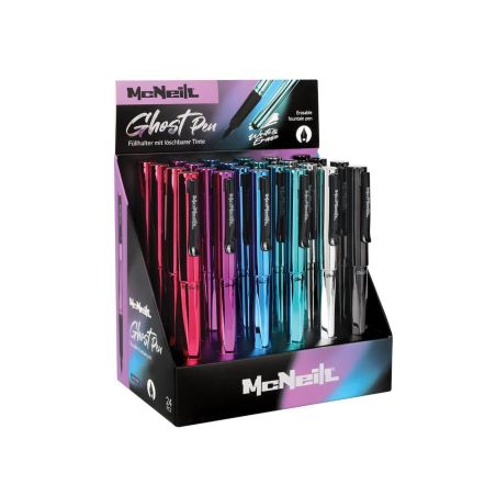 McNeil Ghost Pens in Blau, Pink, Lila und Silber stehen aufrecht in einer Markenbox.