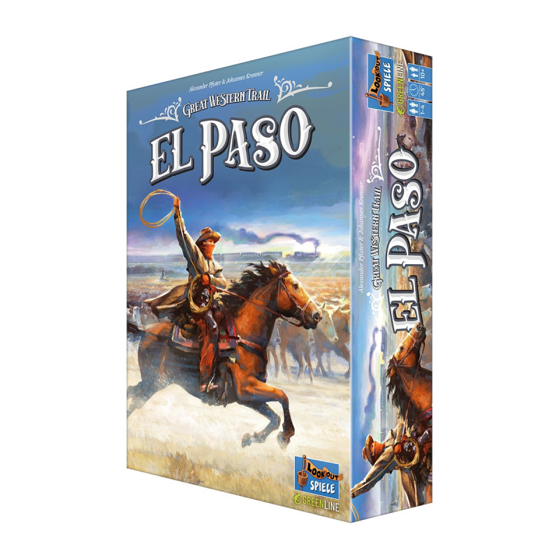 Spieleschachtel El Paso mit Cowboy auf Pferd, der in einer Westernszene ein Lasso schwingt.
