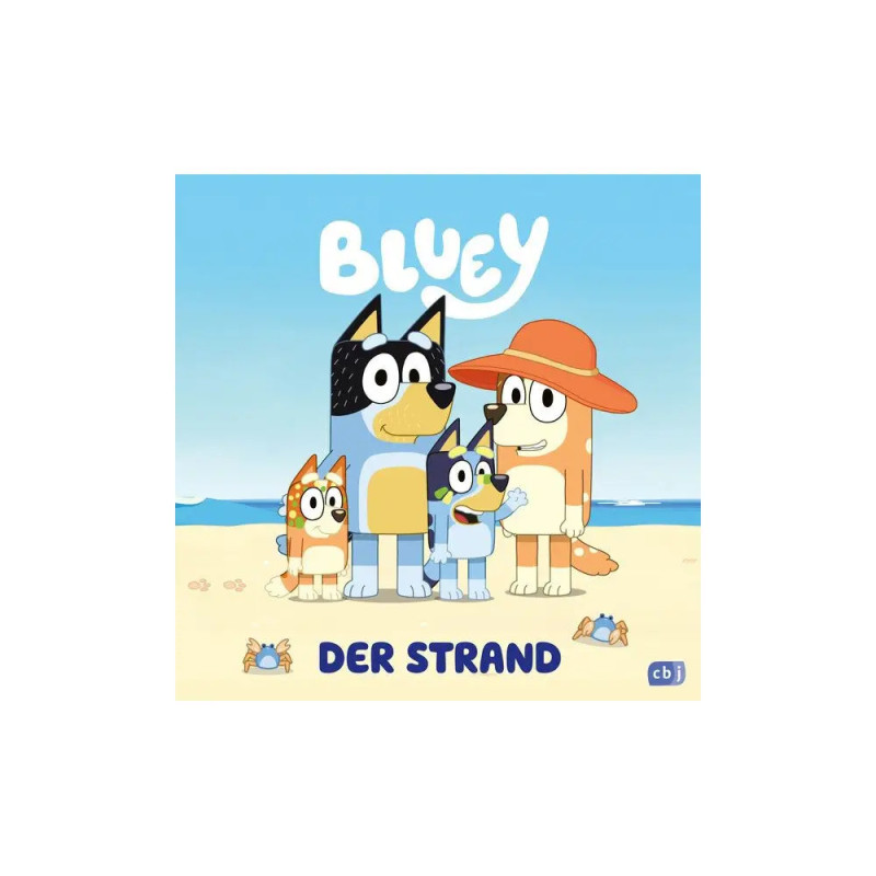 Bluey und ihre Familie stehen am Sandstrand vor dem Meer. Im Bild steht der Schriftzug: DER STRAND.