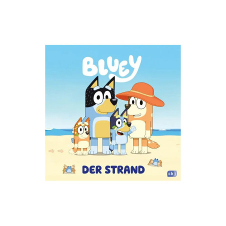 Bluey und ihre Familie stehen am Sandstrand vor dem Meer. Im Bild steht der Schriftzug: DER STRAND.