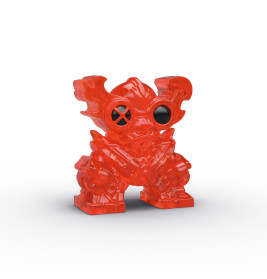 Roter, durchsichtiger Roboter mit großen runden Augen und hornartigen Auswüchsen vor weißem Hintergrund.