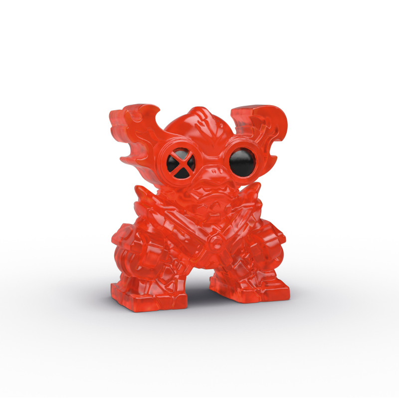 Roter, durchsichtiger Roboter mit großen runden Augen und hornartigen Auswüchsen vor weißem Hintergrund. Roter, durchsichtiger Roboter mit großen runden Augen und hornartigen Auswüchsen vor weißem Hintergrund.