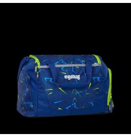 Blau-grün gemusterte ergobag-Tasche mit Reißverschlusstaschen und zwei Griffen vor schwarzem Hintergrund.