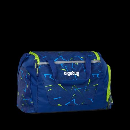 Blau-grün gemusterte ergobag-Tasche mit Reißverschlusstaschen und zwei Griffen vor schwarzem Hintergrund.