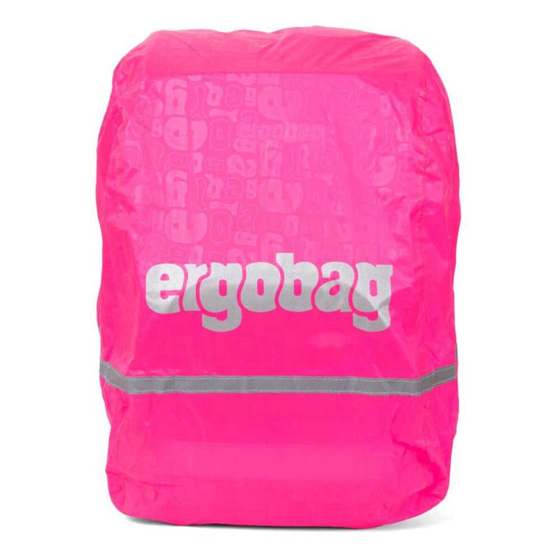 Pinkfarbener ergobag-Rucksacküberzug mit reflektierendem Silberstreifen und Logo vorne.