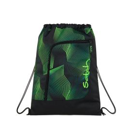 Schwarzer und grüner Turnbeutel mit geometrischem Muster und vorderer Reißverschlusstasche.