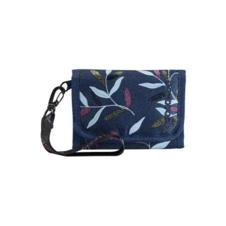 Dunkelblaues Portemonnaie mit floralen Blättermustern und schwarzer Handschlaufe.