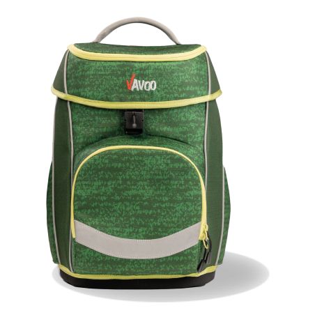 Grüner Rucksack mit gelben Akzenten, Fronttasche und VAVOO-Logo auf der oberen Klappe. Grüner Rucksack mit gelben Akzenten, Fronttasche und VAVOO-Logo auf der oberen Klappe.