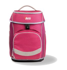 Rosa Rucksack mit Fronttasche, Reißverschluss und Griff. Oben ist das Avod-Logo zu sehen.