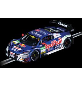 Blauer Red Bull-Rennwagen mit Sponsorenlogos, aus der Vogelperspektive vor schwarzem Hintergrund fotografiert.