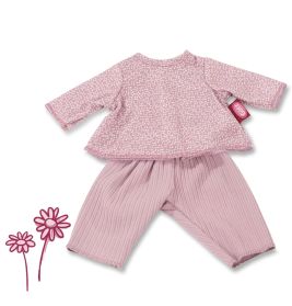 Rosa Langarmshirt mit weißen Punkten und passender gerippter Hose, daneben drei gezeichnete rosa Blumen.