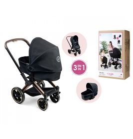 Schwarzer 3-in-1-Kinderwagen mit Bronze-Gestell, Verpackung und Detailansichten der Funktionen.