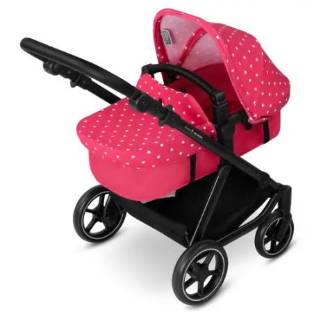 Rosa Kinderwagen mit weißen Punkten und schwarzem Gestell vor weißem Hintergrund.