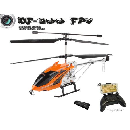 Oranger DF-200 FPV-Fernsteuer-Hubschrauber mit Kamera, Smartphone-Halterung und Controller abgebildet.
