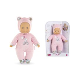 Babypuppe im rosa Bärenkostüm, einmal außerhalb und einmal innerhalb der Verpackung gezeigt.