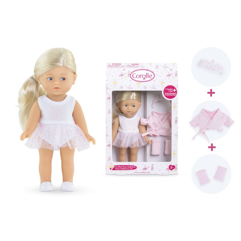 Blonde Puppe im rosa Kleid mit Zubehör, neben Verpackung sowie weiteren Outfits und Accessoires abgebildet.