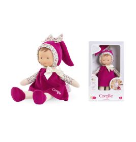 Weiche Puppe im rosa Outfit mit Blumenakzenten, sitzend in weißer Corolle-Verpackung.