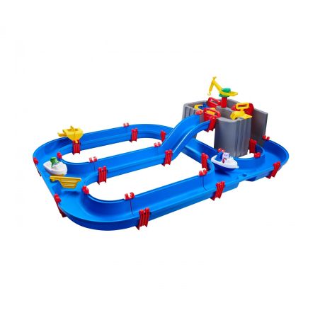 Blauer Wasser-Spielplatz aus Plastik mit Booten, Kanälen, Rampe und Kran, für Kinder geeignet.