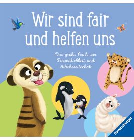 Cartoon-Tiere mit dem Text Wir sind fair und helfen uns auf blauem Hintergrund.