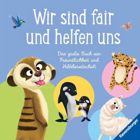 Cartoon-Tiere mit dem Text Wir sind fair und helfen uns auf blauem Hintergrund.