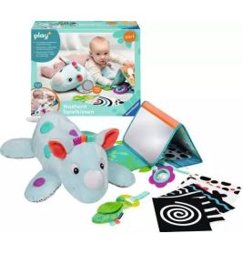 Baby-Spielset mit Plüsch-Nashorn, Stoffbuch, Kunststoffspiegel und kontrastreichen Schwarz-Weiß-Karten.