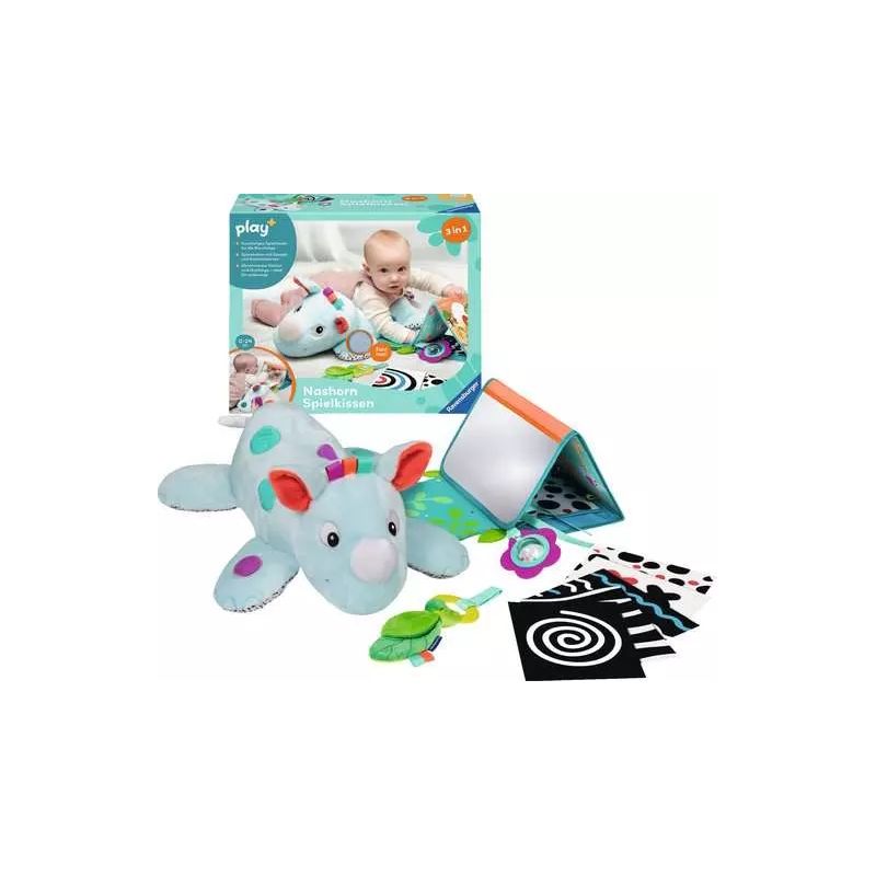 Baby-Spielset mit Plüsch-Nashorn, Stoffbuch, Kunststoffspiegel und kontrastreichen Schwarz-Weiß-Karten.