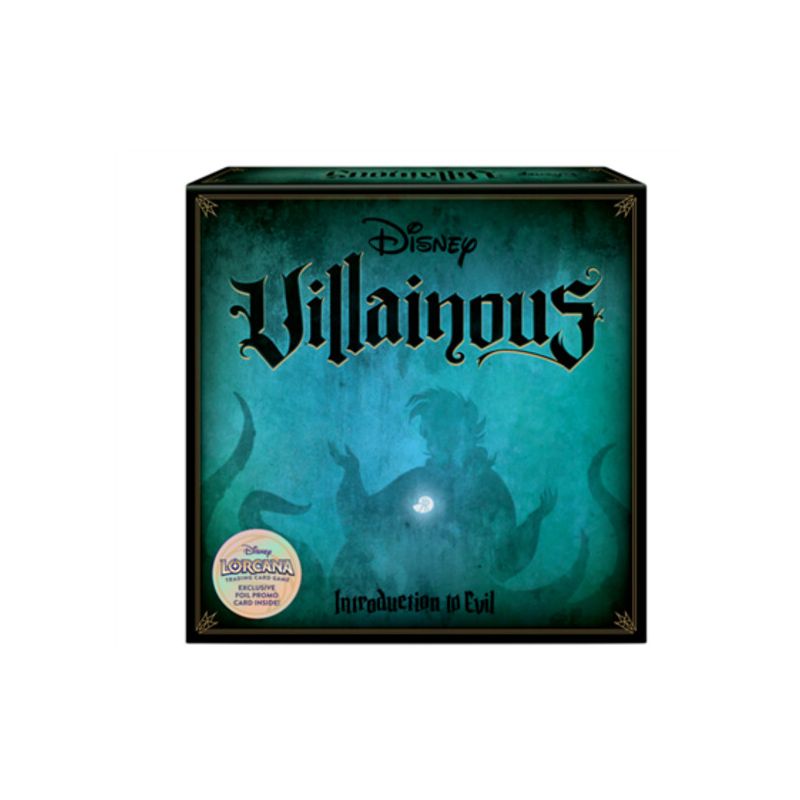 Disney Villainous: Brettspielbox Introduction to Evil mit Ursula-Silhouette auf türkisfarbenem Hintergrund.