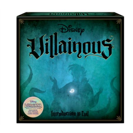 Disney Villainous: Brettspielbox Introduction to Evil mit Ursula-Silhouette auf türkisfarbenem Hintergrund.