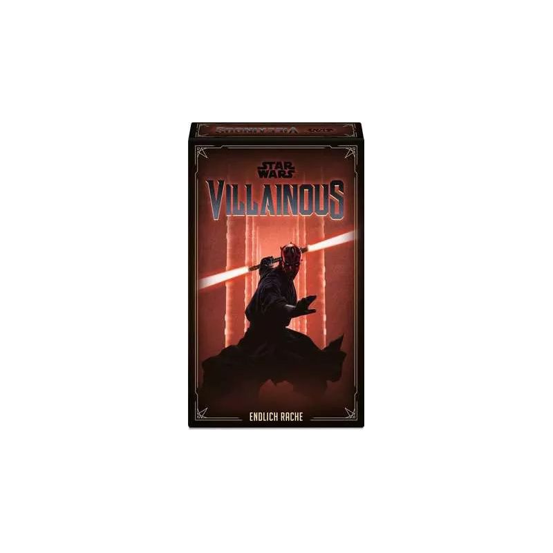 Star Wars Villainous Box mit Darth Maul, roten Lichtschwertern und dunklem Hintergrund.