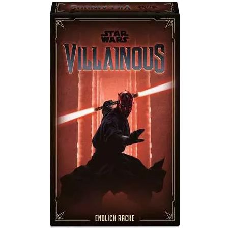 Star Wars Villainous Box mit Darth Maul, roten Lichtschwertern und dunklem Hintergrund.