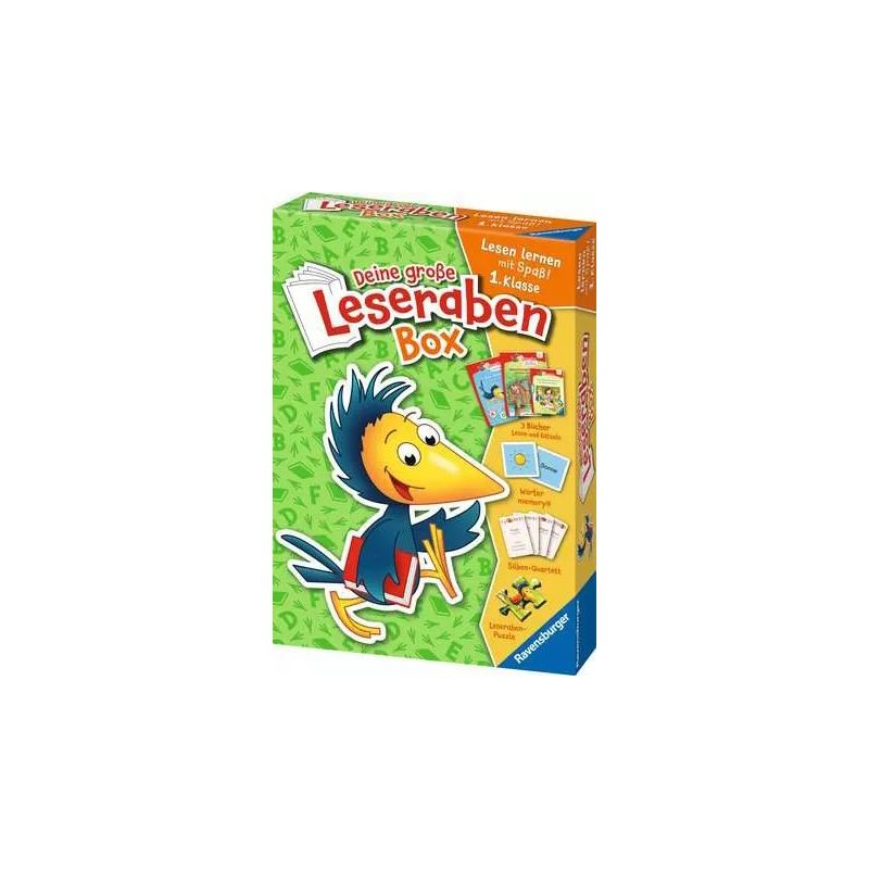 Grüne Leseraben-Box für Kinder mit einem Comic-Raben, der einen Stift hält, und buntem Lernmaterial.