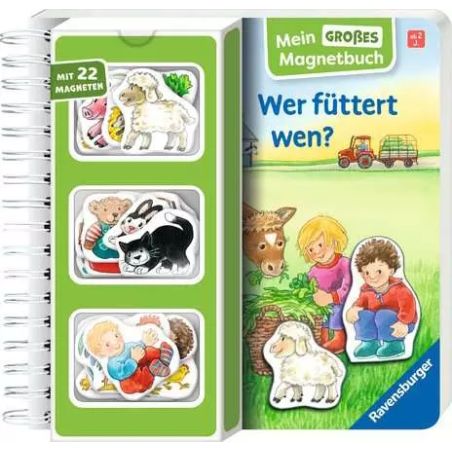 Magnetbuch für Kinder mit Tiermagneten und dem deutschen Titel Wer füttert wen? auf dem Umschlag.