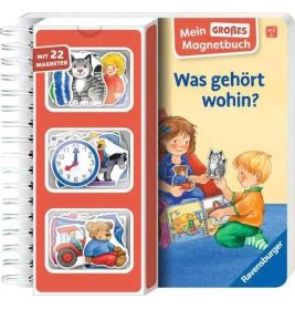 Magnetbuch mit Cover, das spielende Kinder zeigt links sind Tier- und Objektmagnete sichtbar.