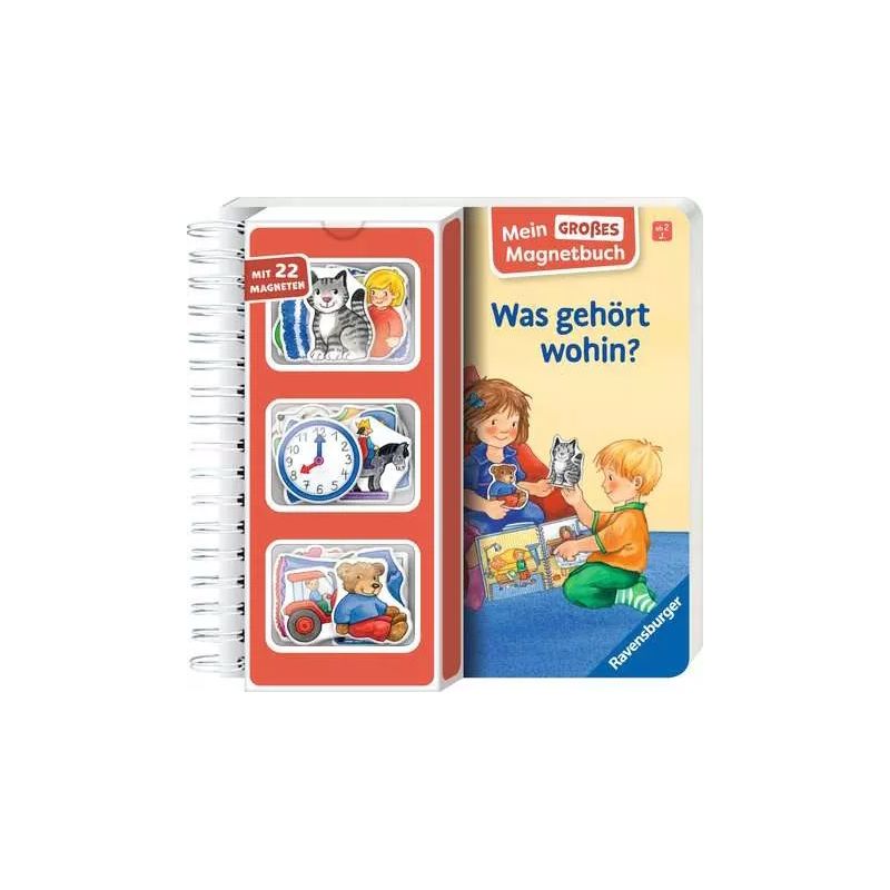 Magnetbuch mit Cover, das spielende Kinder zeigt links sind Tier- und Objektmagnete sichtbar.