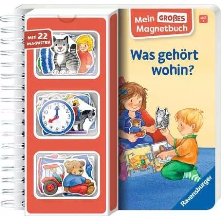 Magnetbuch mit Cover, das spielende Kinder zeigt links sind Tier- und Objektmagnete sichtbar.