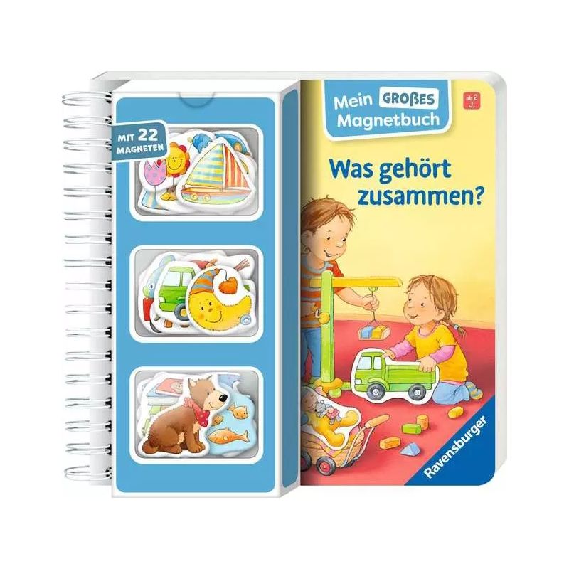 Kinder spielen auf dem Cover eines deutschen Magnetbuchs mit Tiermagneten und Spielzeug.