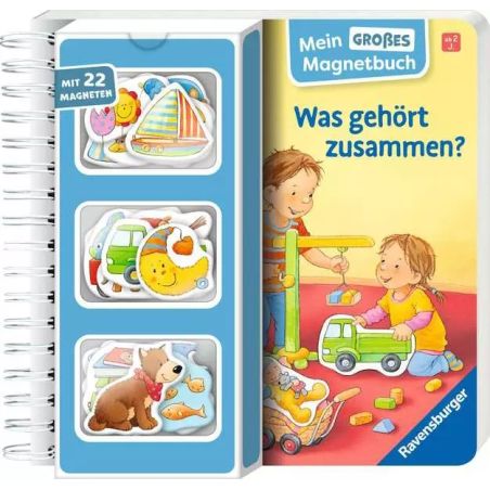 Kinder spielen auf dem Cover eines deutschen Magnetbuchs mit Tiermagneten und Spielzeug.