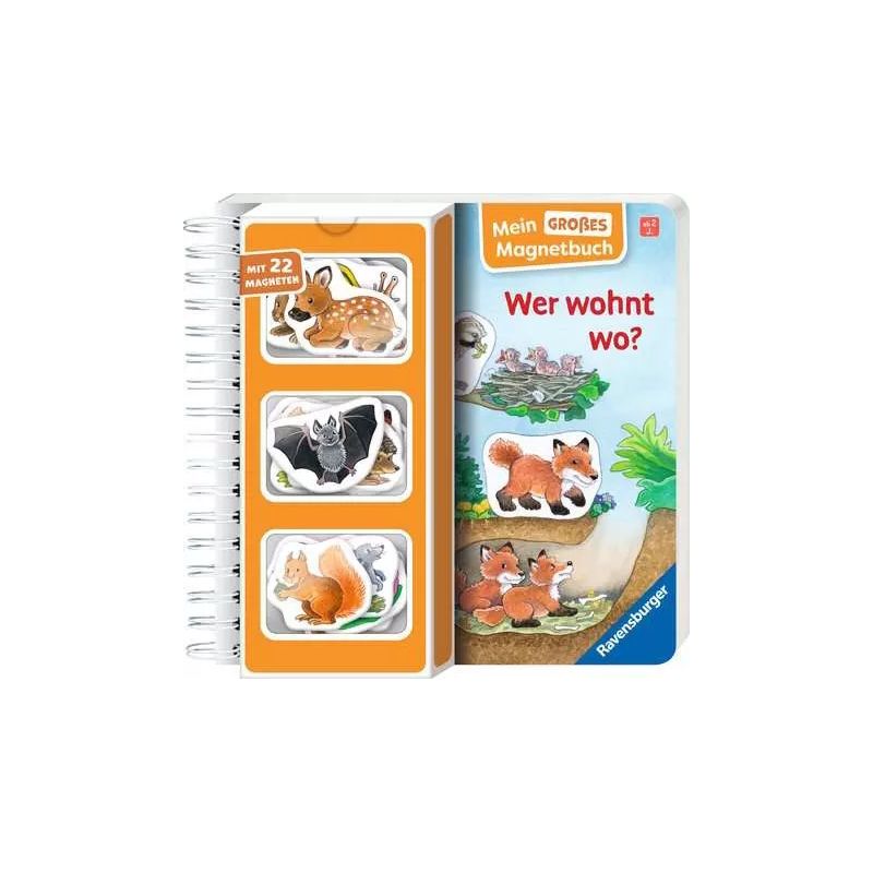 Magnetbuch mit Tiermagneten und Waldmotiv auf dem Cover, Titel: Wer wohnt wo?.