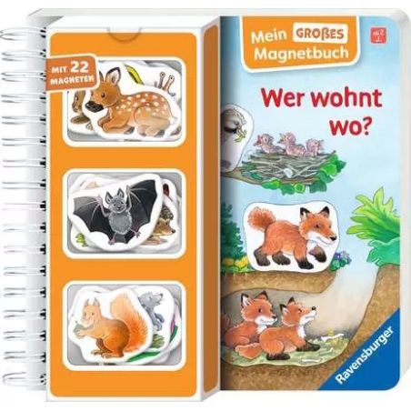 Magnetbuch mit Tiermagneten und Waldmotiv auf dem Cover, Titel: Wer wohnt wo?.