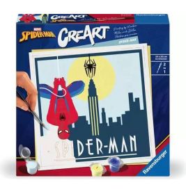Eine Hand malt ein Spider-Man-Motiv auf einer CreArt-Malset-Box mit Stadt-Silhouette.