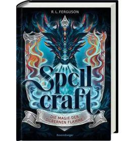 Fantasybuch Spellcraft mit einem blauen Drachen und magischen Flammen auf dem Cover.
