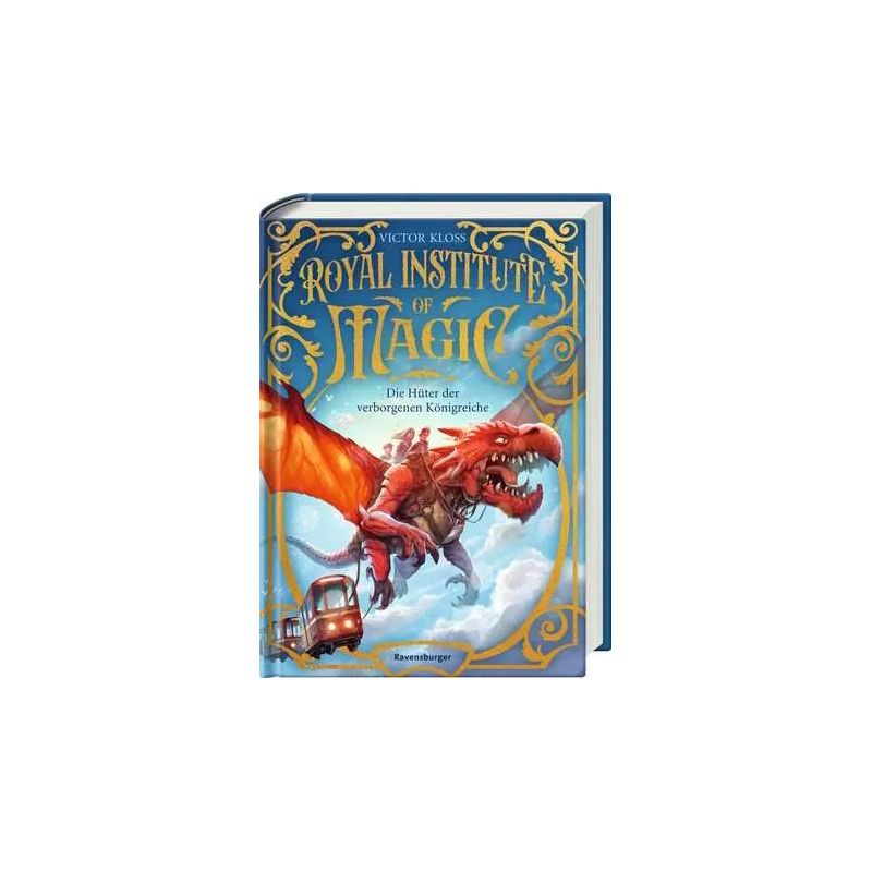 Buchcover von Royal Institute of Magic: Eine Person reitet einen roten Drachen, darunter fliegt ein Bus.
