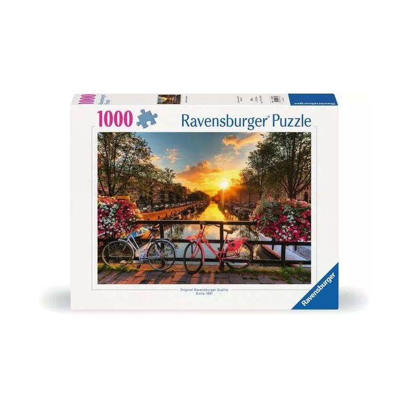 Ravensburger Puzzle, 1000 Teile: Sonnenuntergang über Amsterdamer Kanal mit Fahrrädern und Blumen auf der Box.