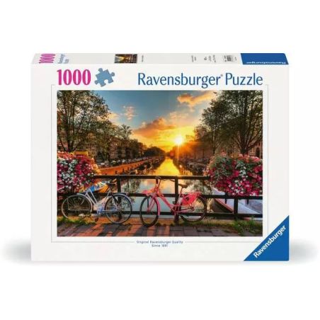 Ravensburger Puzzle, 1000 Teile: Sonnenuntergang über Amsterdamer Kanal mit Fahrrädern und Blumen auf der Box.