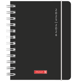 Schwarzes Spiralnotizbuch mit weißer Aufschrift 2025-2026 und rotem Brunnen-Logo auf dem Cover.