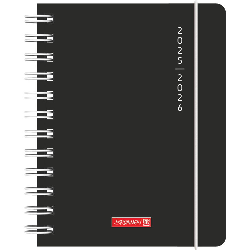 Schwarzes Spiralnotizbuch mit weißer Aufschrift 2025-2026 und rotem Brunnen-Logo auf dem Cover.