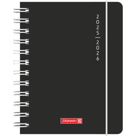 Schwarzes Spiralnotizbuch mit weißer Aufschrift 2025-2026 und rotem Brunnen-Logo auf dem Cover.