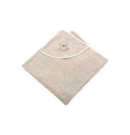 Beiges Baby-Kapuzenhandtuch mit aufgesticktem Hundegesicht auf der Kapuze, auf weißem Hintergrund.