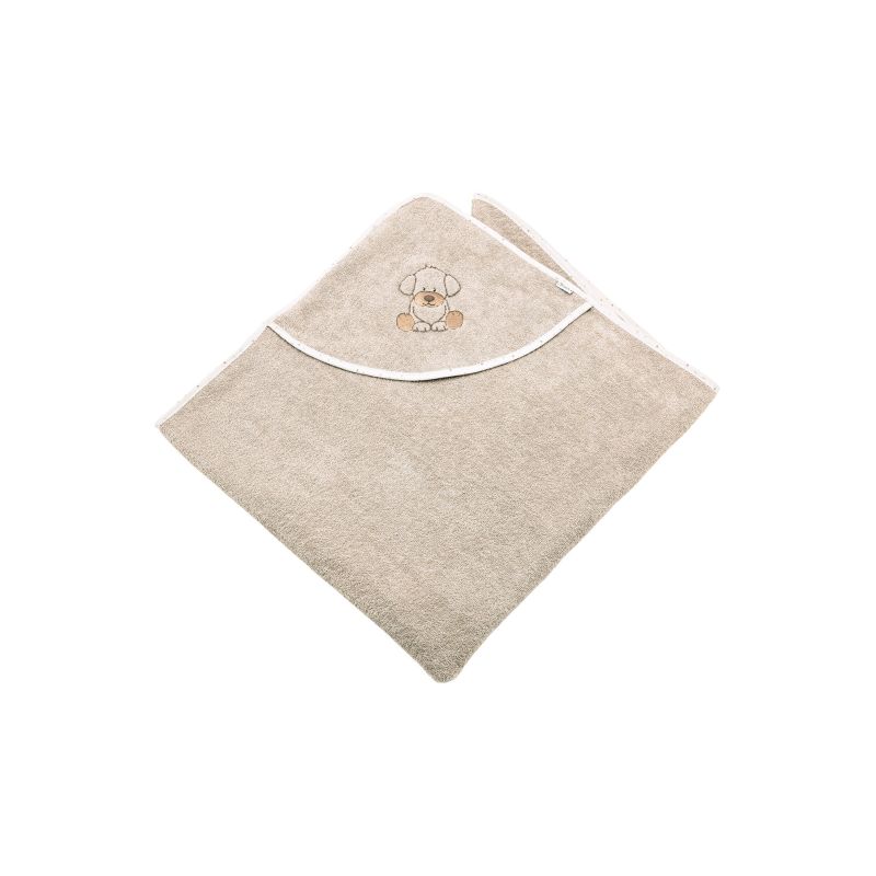 Beiges Baby-Kapuzenhandtuch mit aufgesticktem Hundegesicht auf der Kapuze, auf weißem Hintergrund.