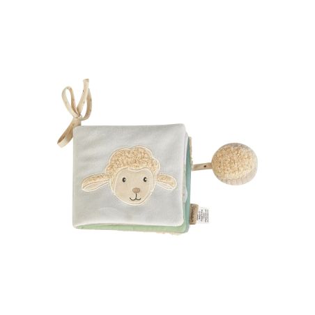 Weiches Baby-Stoffbuch mit lächelndem Lammgesicht auf dem Cover und einem runden Plüsch-Element an der Seite.
